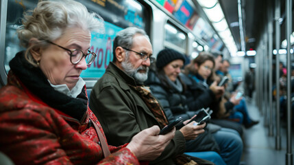 Fototapeta premium People on a subway deeply engrossed in their smartphones, depicting social isolation.