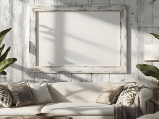 Mockup frame with a whitewashed wooden finish set in a modern farmhouse style living room interior  The frame features geometric patterns and dramatic shadows