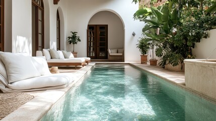 A serene courtyard featuring an inviting pool surrounded by elegant white lounge chairs and lush greenery, offering a peaceful and luxurious relaxation spot in a beautiful setting.