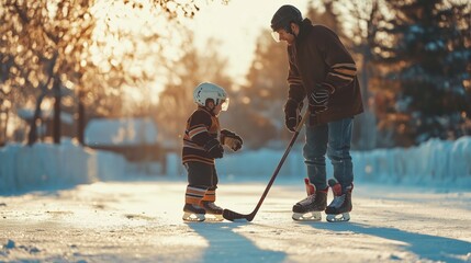 Father and son enjoy ice hockey on a frozen pond during sunset in a winter wonderland scene, capturing joyful family moments together