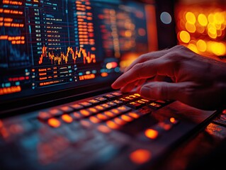 Close-up of hand using a keyboard while monitoring stock market data on a brightly lit screen