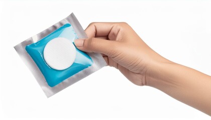 Fototapeta premium hand holding wet wipe tablet cleaning in packet isolated on white background