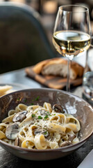 Upscale dining: Fettuccine in truffle cream sauce with mixed mushrooms