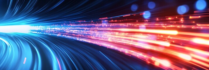 Obraz premium A visually dynamic illustration of a digital tunnel with fast-moving lights and binary code, suggesting advanced technology and data transfer. 
