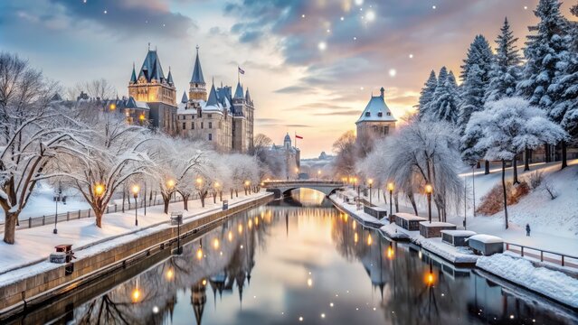 Snowflakes gently fall on the frozen Rideau Canal, a serene winter wonderland scene in Ottawa, Canada, with majestic trees and historic buildings in the background.