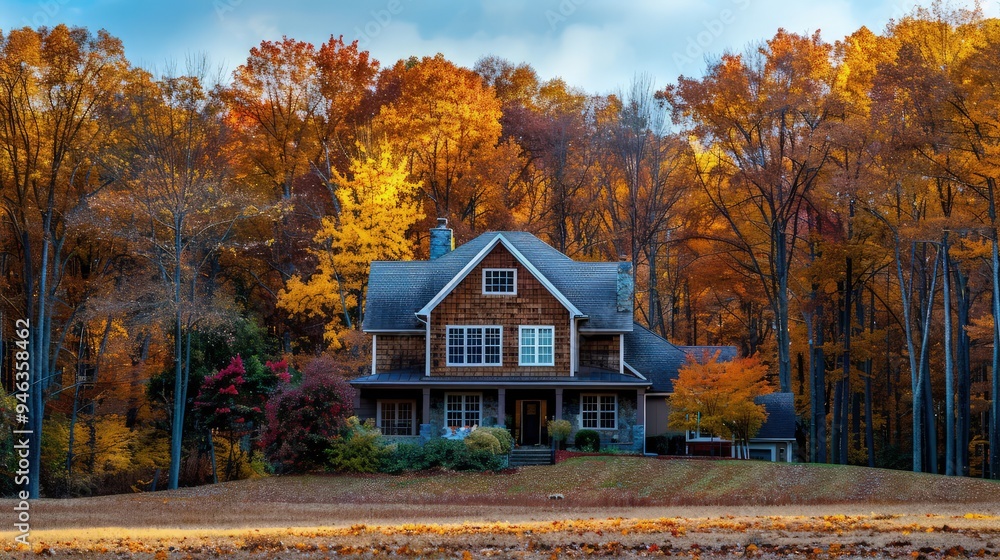 Poster an inviting house set against a backdrop of towering trees with vivid autumn colors, the entire scen