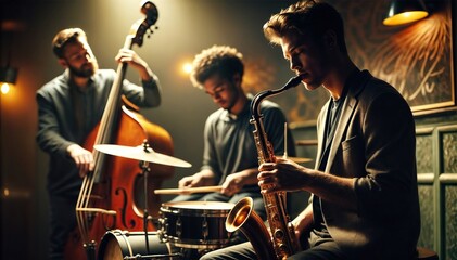 Jazz band performing live with saxophonist, bassist, and drummer in a moody setting