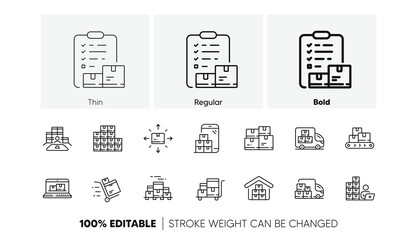 Warehouse manager, Wholesale stock, Goods checklist. Inventory line icons. Delivery logistic, Box shelf, Warehouse distribution outline icons. Wholesale freight, Storage and Inventory operator. Vector