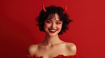 Vibrant Poster of a Playful Demoness: Short Dark Hair & Red Horns, Perfect for Sporty Interiors - Add a Touch of Mischief with Bold Style!
