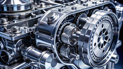 Sparkling clean engine part with machined metal surface and intricate details showcasing the precision craftsmanship of modern automotive technology.