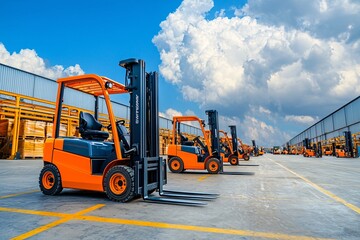 Forklift Trucks Parked in a Row at a Warehouse.