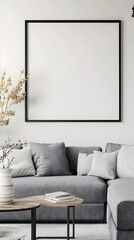 Mockup of a farmhouse style living room interior with a modern black metal frame grey linen sectional whitewashed wood side tables and a ceramic vase