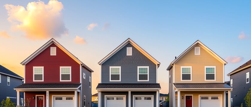A beautiful row of modern houses with vibrant colors under a clear sky, showcasing suburban architecture and lifestyle. suburban development concept.
