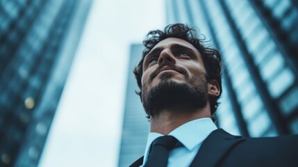 An upward view of a businessman in a black suit and tie standing against a backdrop of tall buildings, capturing the urban skyline's majesty and the professional's confidence.