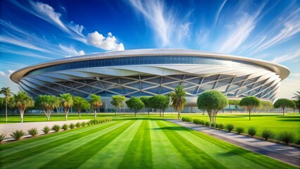 Fototapeta premium Spectacular daytime exterior of a modern, state-of-the-art sports stadium in Qatar, featuring a sleek, curved design and lush green field surrounded by seating areas.