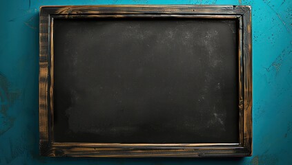 Dark school blackboard with a wooden frame set against a rich cerulean background, ideal for drawing attention in educational designs