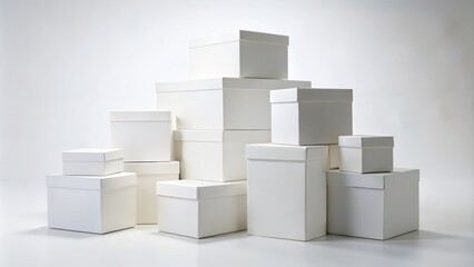 Fototapeta premium Stack of white cardboard boxes of varying sizes, neatly arranged and folded, against a clean and minimalist white background, symbolizing simplicity and organization.