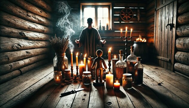 Ritual scene in wooden cabin with candles, jars, and voodoo doll surrounded by mystical items