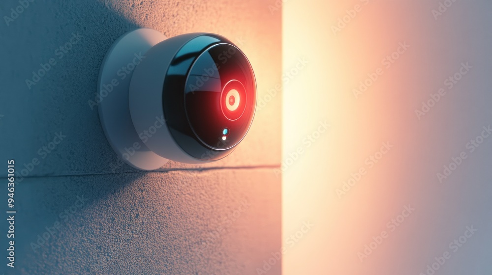 Poster security camera mounted on a wall with red light