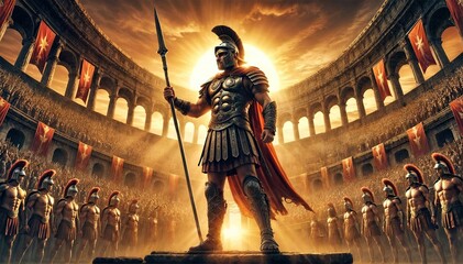 Roman soldier standing tall with a spear in a sunlit coliseum, surrounded by other soldiers