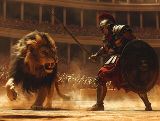 Roman gladiator facing a lion in an intense battle scene inside a grand arena