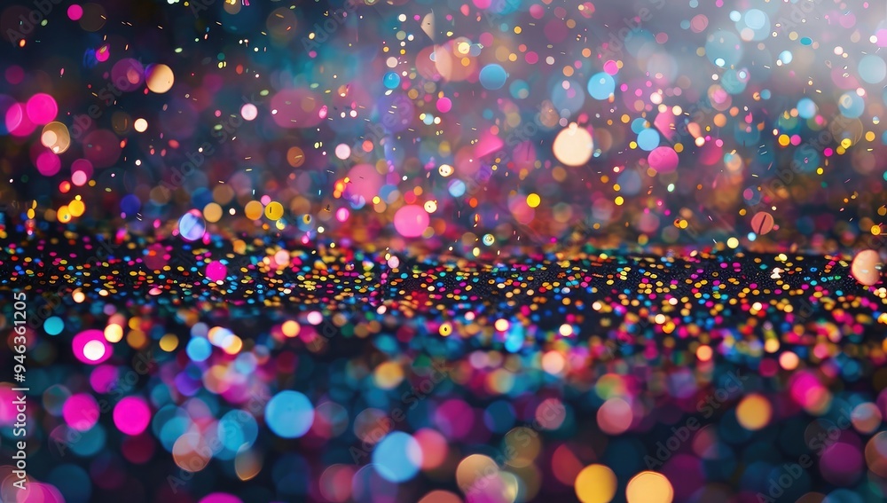 Poster a grainy background of tiny colorful particles, like confetti or glitter, floating in the air with s