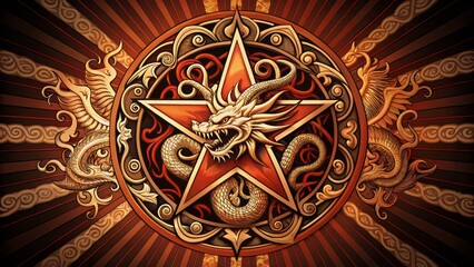 Stylized emblem featuring a bold, curved dragon silhouette surrounding a central star, surrounded by intricate, swirling patterns, conveying power, discipline, and ancient wisdom.