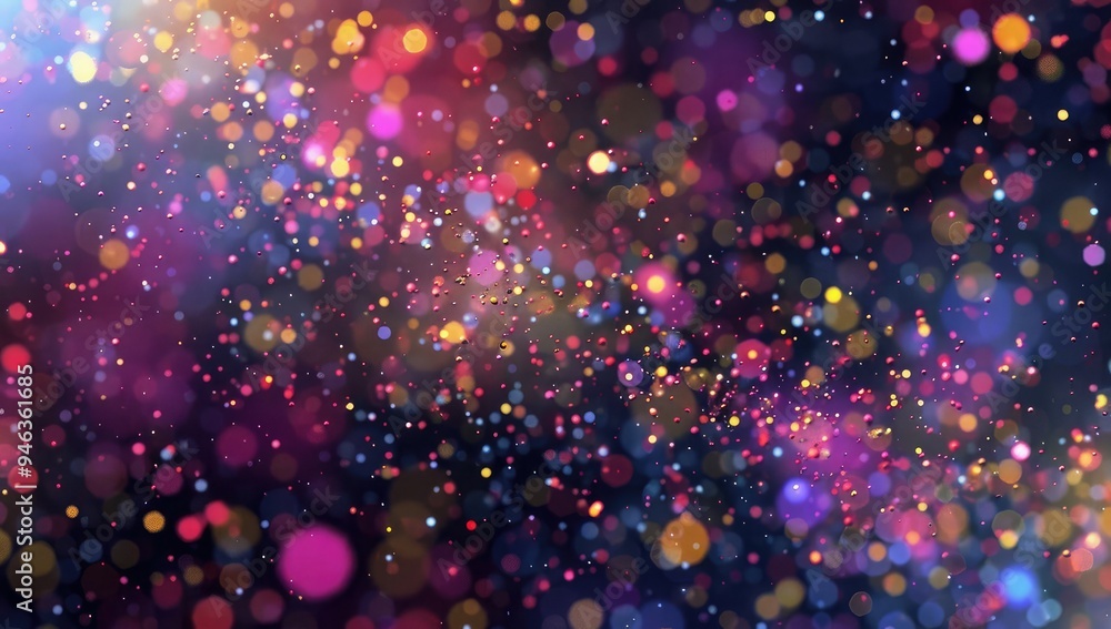 Poster a grainy background of tiny colorful particles, like confetti or glitter, floating in the air with s