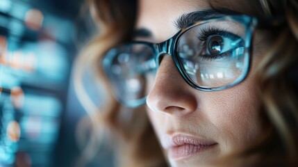 A blonde-haired individual working amidst several computer screens displaying data, emanating a cutting-edge, high-tech atmosphere.