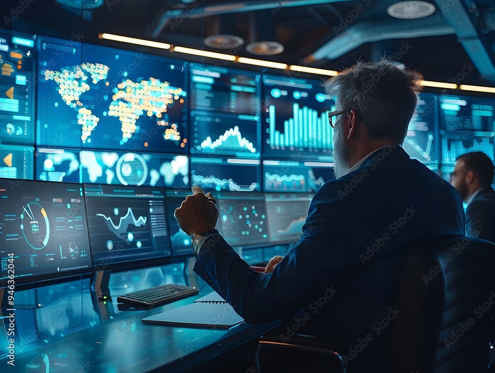 Poster dynamic ceo brainstorming with diverse team in high tech office