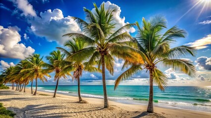 Obraz premium Sun-kissed palm trees sway gently above pristine white sand beaches, gentle turquoise waves crashing against the shore of Florida's idyllic Atlantic coastline.