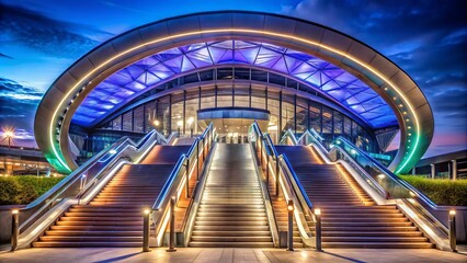 Sweeping arches and modern architecture frame a bustling stadium entrance, showcasing vibrant LED lights, sleek metallic accents, and a grand escalator welcoming fans to the event.
