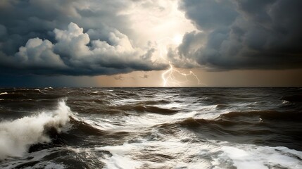Obraz premium Dramatic Storm Clouds Gathering Over Turbulent Ocean Powerful Weather System Approaching with Ominous Lightning and Winds