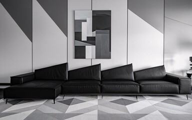 Modern Living Room with Black Sectional Sofa and Geometric Rug
