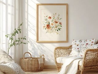 Mockup of a simple natural wooden frame showcasing a floral artwork piece in a cozy farmhouse style living room setting  The woven textures and neutral color palette create a serene rustic ambiance