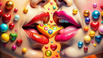 Tender lips meet in a romantic smooch, surrounded by colorful emojis and hearts, conveying love, affection, and playfulness in a whimsical digital graphic.