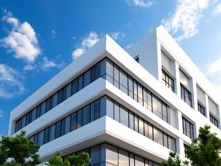 Serene modern hospital facade with pristine white architecture and calming natural lighting