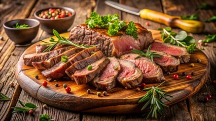 Tender slices of veal and juicy beef strips on a rustic wooden board, garnished with fresh herbs and surrounded by a warm, golden light.