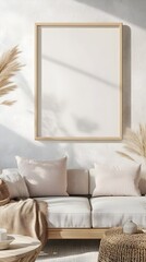 Mockup of a simple wood frame with a natural light stain showcasing a soft pastel artwork in a peaceful farmhouse living room setting featuring natural fiber decor and a calming organic aesthetic