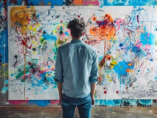 Naklejka premium Visionary Entrepreneur Sketching Ideas in Vibrant Creative Workspace
