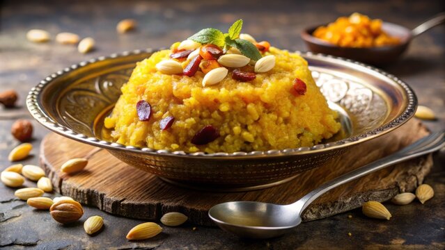 Traditional Indian dessert moong dal halwa, a rich sweet pudding made with split green gram, garnished with chopped nuts and dried fruits on a decorative plate.