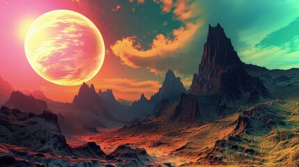 A landscape of an alien planet with towering mountains under a large, glowing sun. The sky is a tapestry of vibrant colors, casting an otherworldly glow on the rugged terrain.