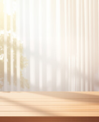 wooden table for displaying products With minimalist white curtains.