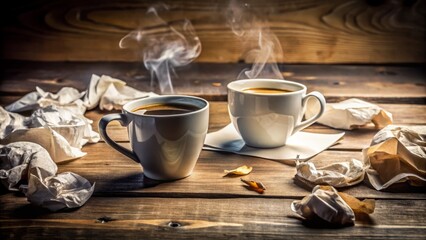 Two steaming coffee cups sit adjacent on a rustic wooden table, surrounded by a scattered mess of crumpled papers and scribbled notes.