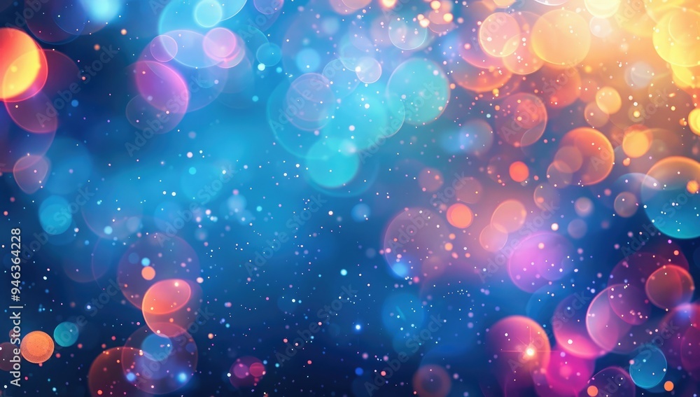 Poster abstract background with colorful bokeh lights and glowing particles on a dark blue background. the 