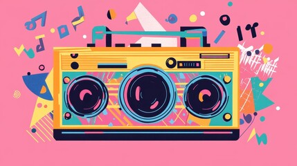 Fototapeta premium A colorful boombox sits in the center, surrounded by neon musical notes and geometric patterns, evoking a lively, retro vibe