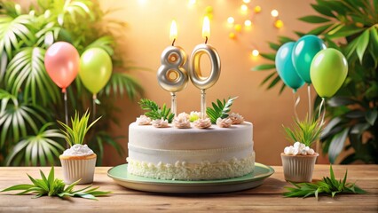 Vibrant 80th birthday cake adorned with iconic numerical candle, surrounded by lush greenery, gleaming silverware, and soft pastel balloons, set against a warm, creamy background.