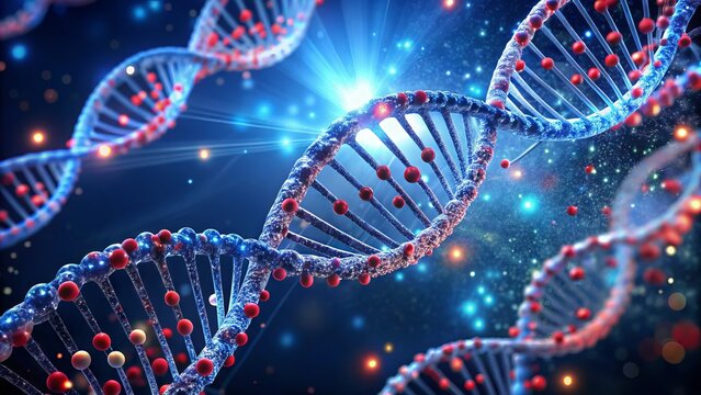 Vibrant 3D illustration of a spiraling DNA double helix molecule, with glowing blue and red nucleotides, floating in a dark blue background with subtle gradient effects.
