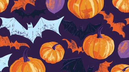 Contemporary Halloween pattern showcasing geometric bats and minimalist pumpkins in vibrant colors.