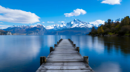 Obraz premium Lake With Dock And Mountains The Background